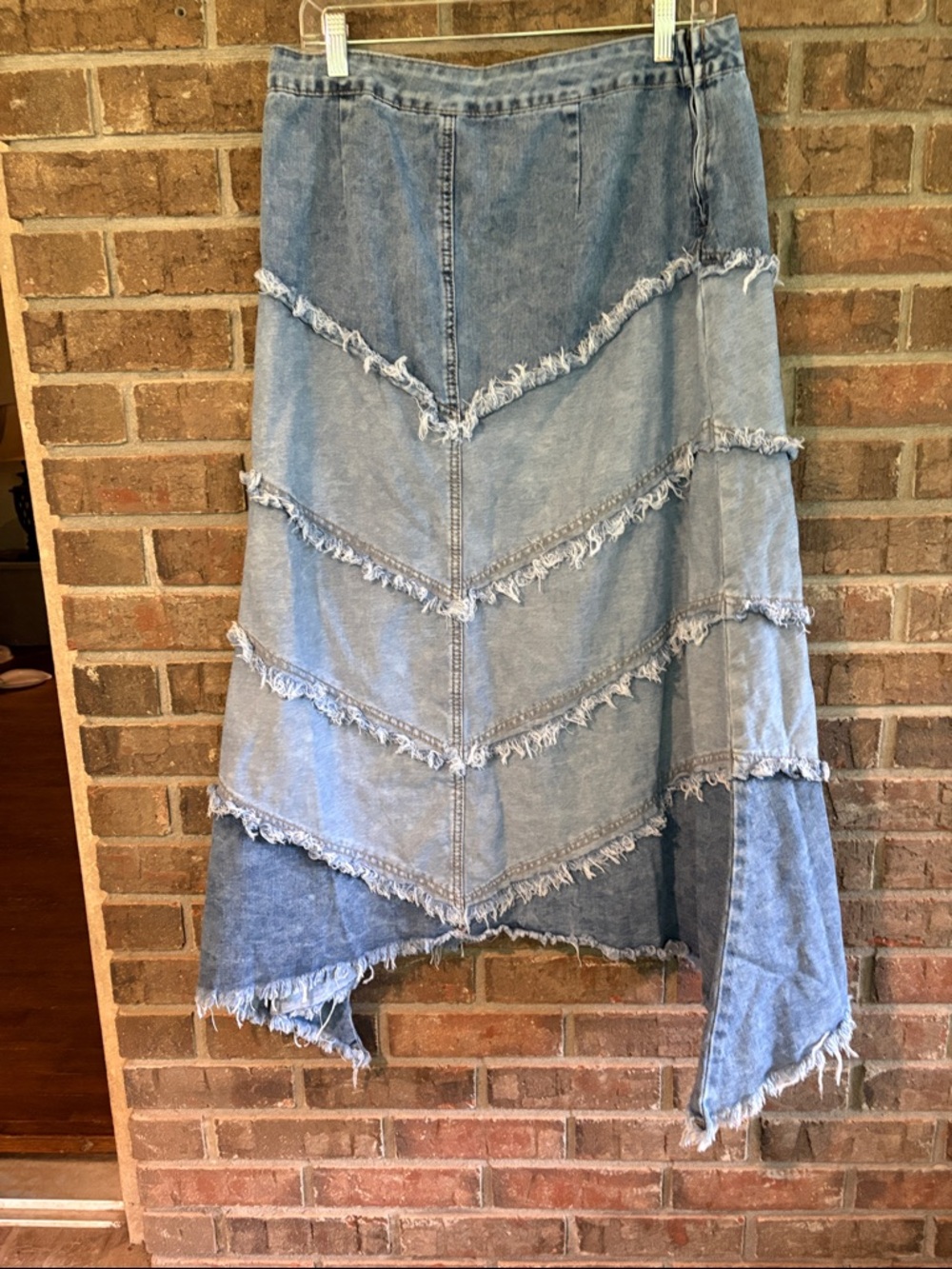 Asymmetrical Light Blue Frayed Denim Skirt - Women